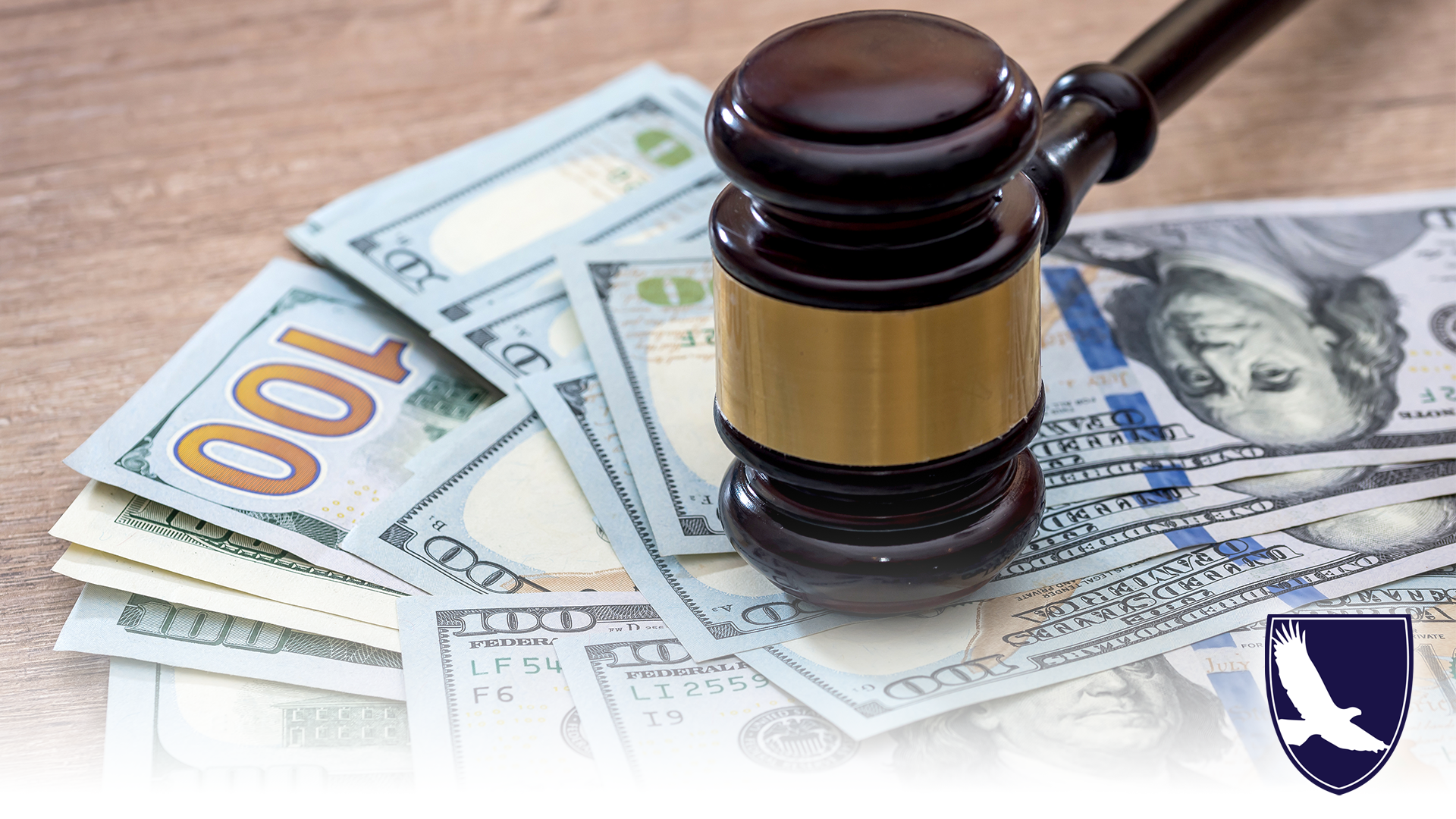 Garnishment: Gavel over a pile of money